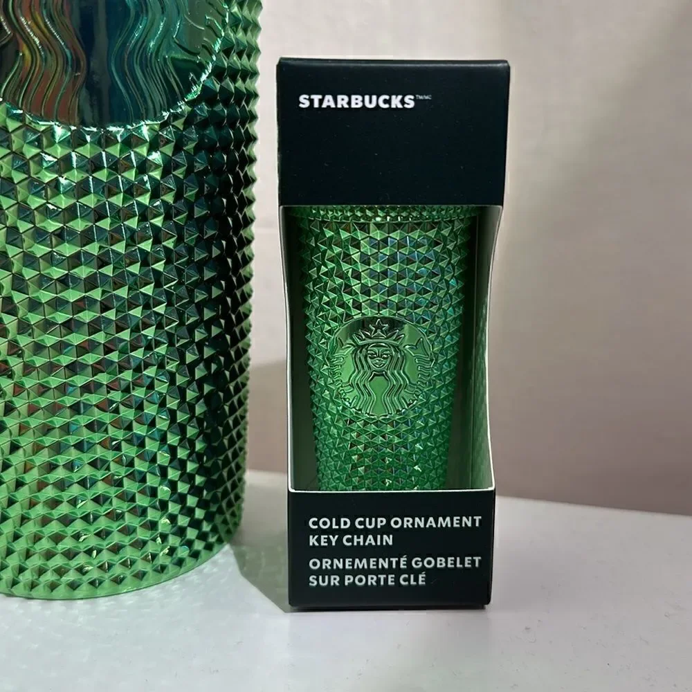 Starbucks 24oz Reusable Green Studded Tumbler and Key Chain Ornament